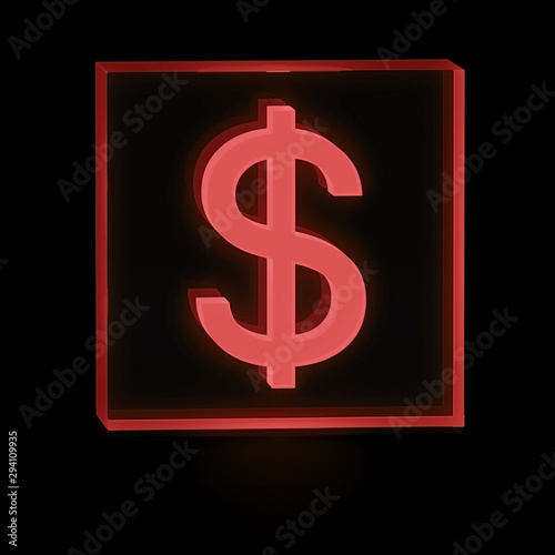 Clear transparent glass or plexiglass display with red luminous money dollar shape inside on dark background for interior decoration, 3D rendered image