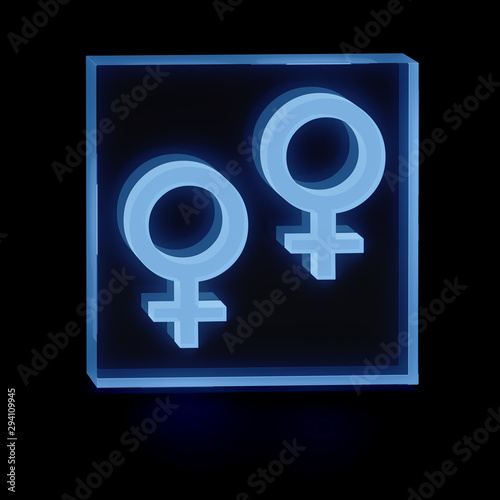 Clear transparent glass or plexiglass display with couple luminous gender female symbols Venus inside on dark background for interior decoration, 3D rendered image