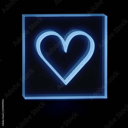 Clear transparent glass or plexiglass display with luminous blue heart like shape inside on dark background, 3D rendered image