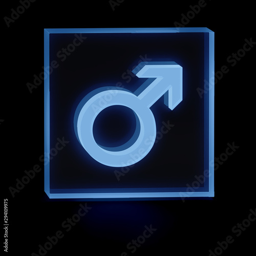 Clear transparent glass or plexiglass display with luminous planet symbol or gender male or man Mars symbol inside on dark background, 3D rendered image