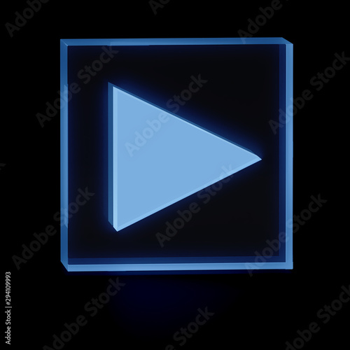 Clear transparent glass or plexiglass display with luminous play or start symbol inside on dark background for interior decoration, 3D rendered image