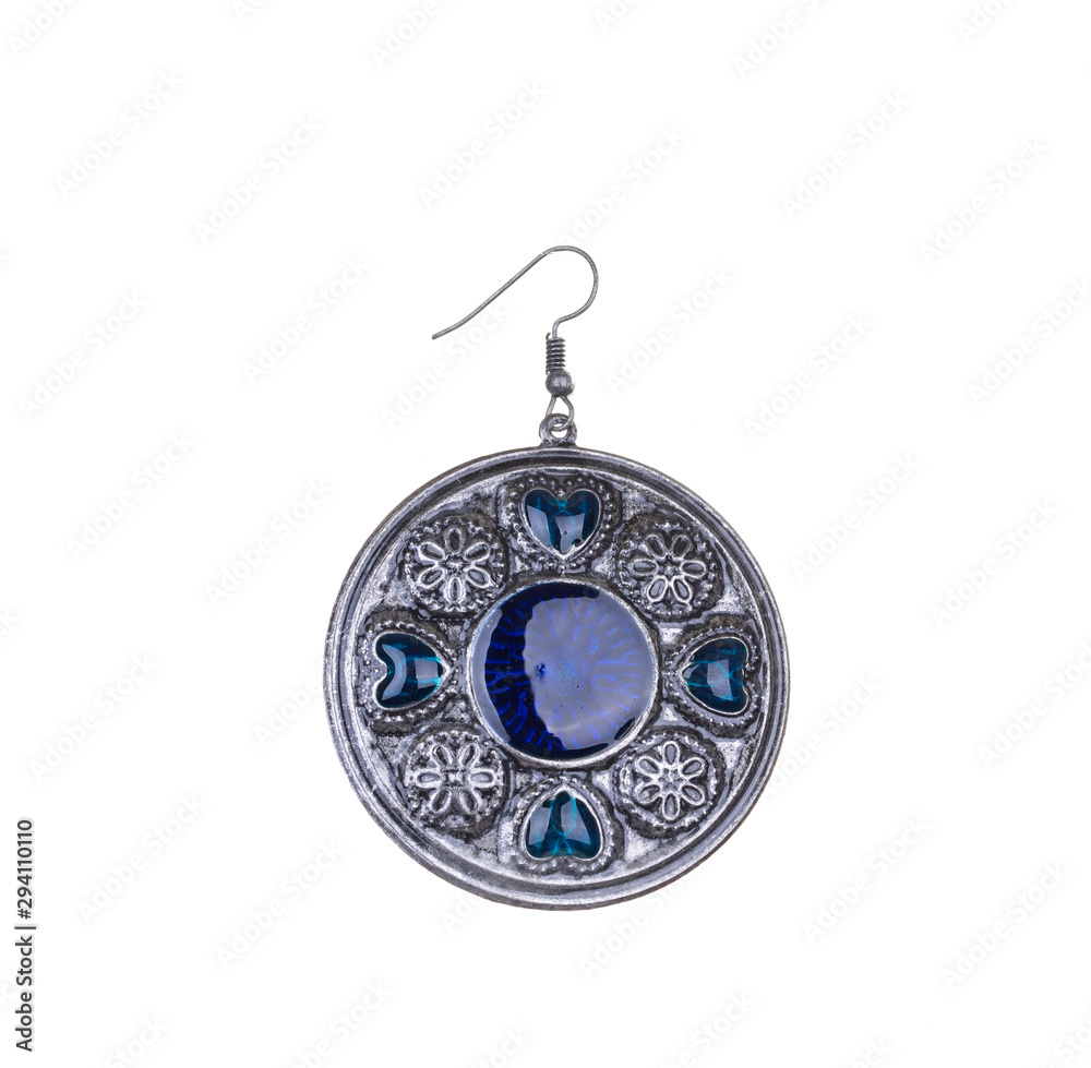 blue stone on silver ornamented earring pendant, isolated on white background blue stone on silver ornamented earring pendant, isolated on white background
