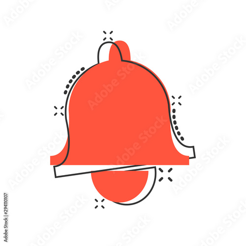 Vector cartoon bell icon in comic style. Alarm bell concept illustration pictogram. Handbell business splash effect concept.