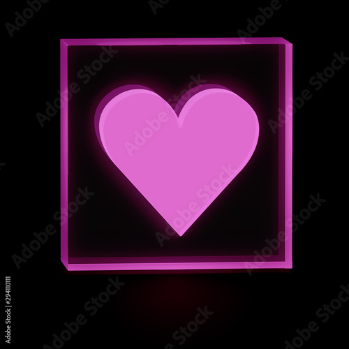 Clear transparent glass or plexiglass display with red luminous heart like shape inside on dark background, 3D rendered image