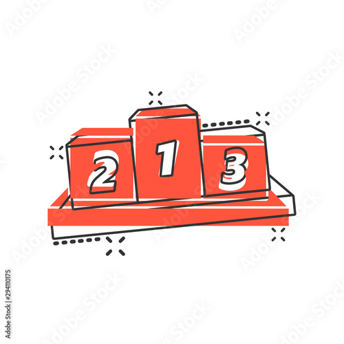 Winners podium icon in comic style. Pedestal illustration on white background. Award sign splash effect concept.