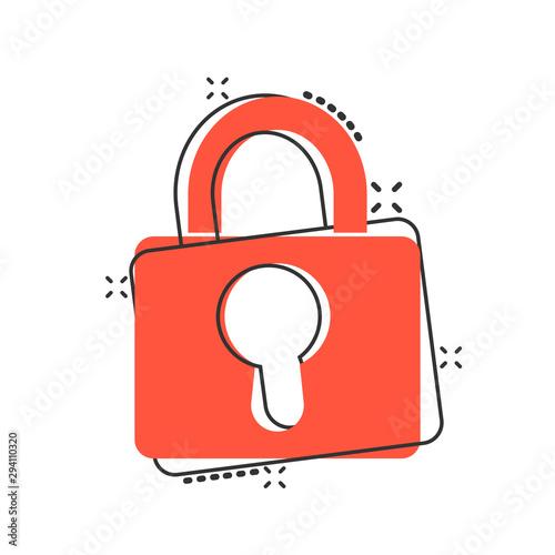 Vector cartoon padlock icon in comic style. Lock, unlock security concept illustration pictogram. Padlock business splash effect concept.