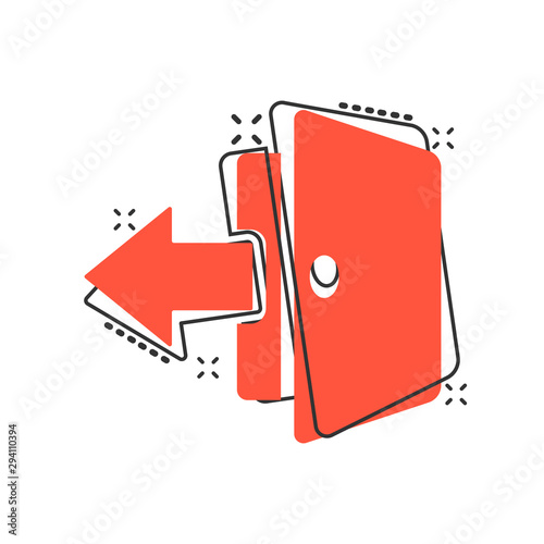 Vector cartoon entrance door icon in comic style. Exit doors concept illustration pictogram. Doorway entrance business splash effect concept.