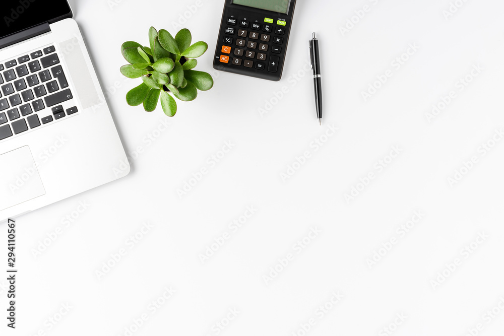 Financial concept with laptop, calculator, pen and small plant on white  background. Office desktop Stock Photo | Adobe Stock