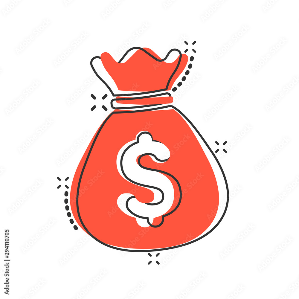 Vector cartoon money bag icon in comic style. Moneybag with dollar illustration pictogram. Money cash sack splash effect concept. Vector cartoon money bag icon in comic style. Moneybag with dollar illustration pictogram. Money cash sack splash effect concept.