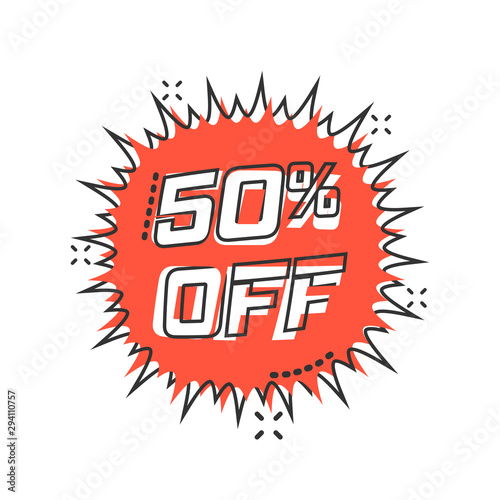 Vector cartoon discount sticker icon in comic style. Sale tag illustration pictogram. Promotion 50 percent discount splash effect concept.