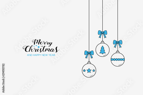 Christmas greeting card with hanging balls and wishes. Xmas concept. Vector