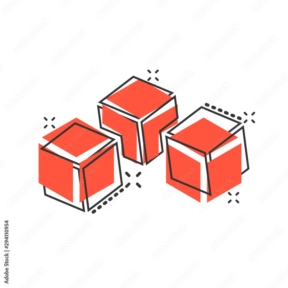 Obraz premium Vector cartoon blockchain technology icon in comic style. Cryptography cube block concept illustration pictogram. Blockchain algorithm business splash effect concept.