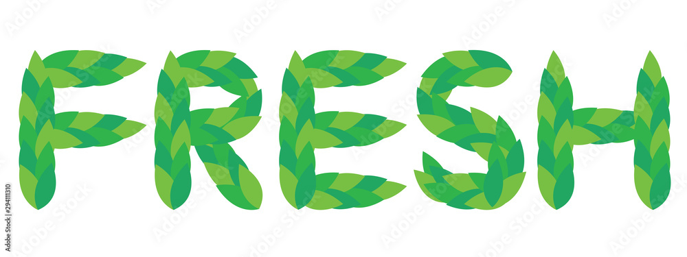 Word Fresh from green leaves. Vector modern flat the letters isolated on white background. Ecological font. Word Fresh from green leaves. Vector modern flat the letters isolated on white background. Ecological font.