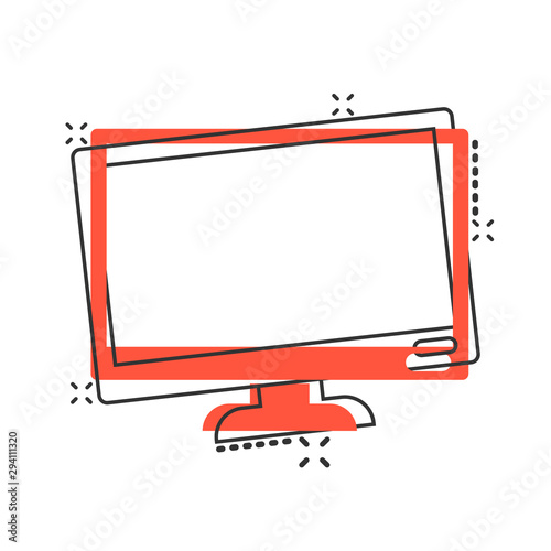 Vector cartoon computer monitor icon in comic style. Television concept illustration pictogram. Tv display business splash effect concept.