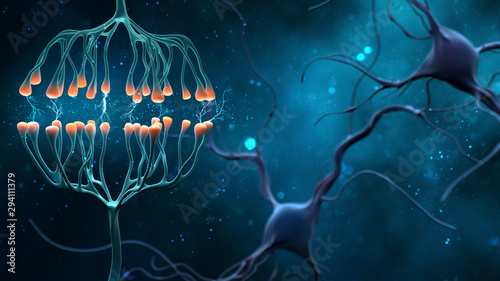 Synapse and Neuron cells sending electrical chemical signals. Digital synapse illustration on blue background. photo