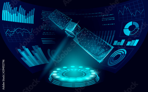 Telecommunication satellite receiver antenna. Orbital sputnik military security data transmitter internet connection. Worldwide protection tracking information background vector illustration