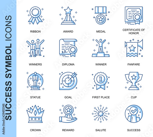 Thin Line Success Related Vector Icons Set for Website and Mobile Site and Apps. Outline icons design. Contains such Icons as Ribbon, Winner, Reward and more. Linear Pictogram Pack.