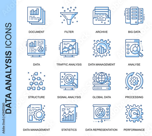 Thin Line Data Analysis Related Vector Icons Set for Website and Mobile Site and Apps. Outline icons design. Contains such Icons as Big Data, Processing, Performance and more. Linear Pictogram Pack.
