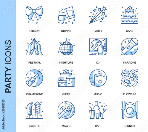 Thin Line Party Related Vector Icons Set for Website and Mobile Site and Apps. Outline icons design. Contains such Icons as Festival, Karaoke, Music and more. Linear Pictogram Pack.