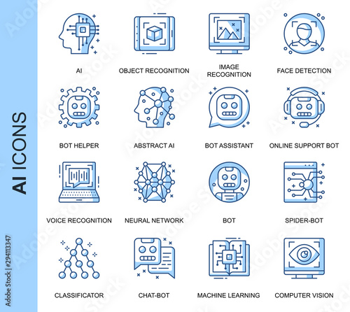 Thin Line Artificial Intelligence Related Vector Icons Set for Website and Mobile Site and Apps. Outline icons design. Contains such Icons as Recognition, Support Bot and more. Linear Pictogram Pack.