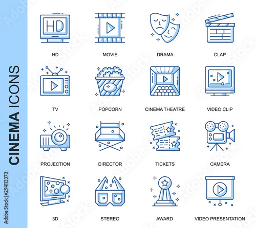 Thin Line Cinema Related Vector Icons Set for Website and Mobile Site and Apps. Outline icons design. Contains such Icons as Movie Clip, Popcorn, Tickets and more. Linear Pictogram Pack.