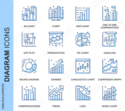 Thin Line Diagram Related Vector Icons Set for Website and Mobile Site and Apps. Outline icons design. Contains such Icons as Pie Chart, Round Diagram, Infographics and more. Linear Pictogram Pack.