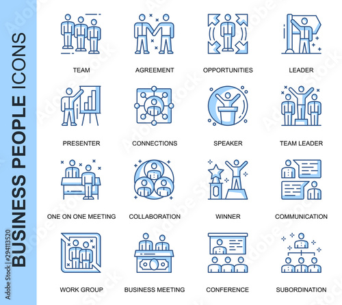 Thin Line Business People Related Vector Icons Set for Website and Mobile Site and Apps. Outline icons design. Contains such Icons as Business Meeting, Handshake and more. Linear Pictogram Pack.