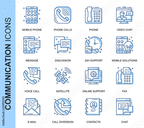 Thin Line Communication Related Vector Icons Set for Website and Mobile Site and Apps. Outline icons design. Contains such Icons as Phone Calls, Video Chat, Support and more. Linear Pictogram Pack.