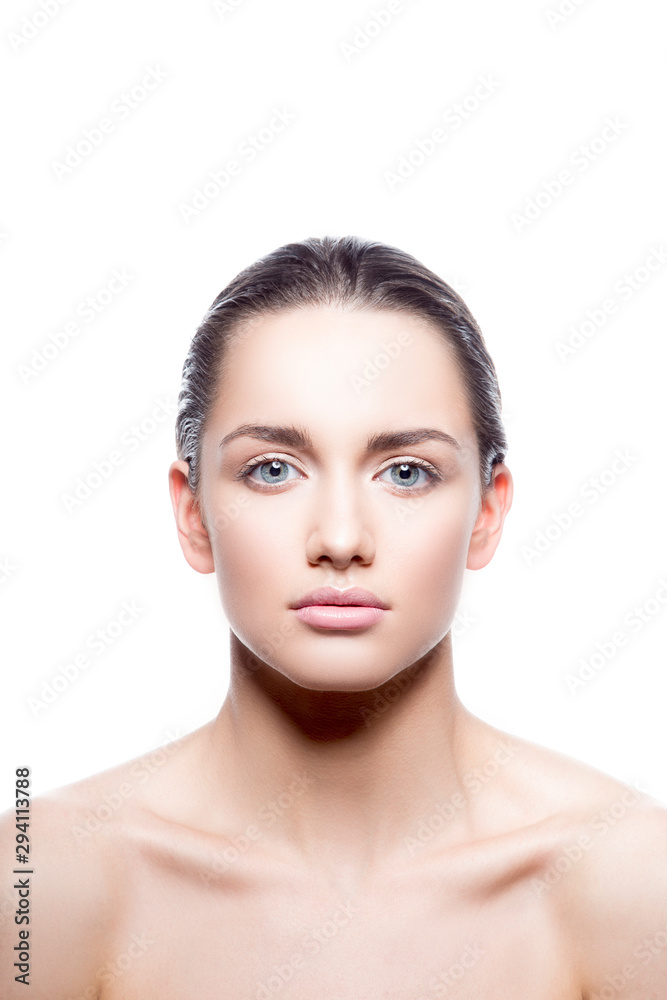 Beauty model woman studio portrait. Healthy perfect skin, blue eyes, nude natural make-up. Isolated. White background. copy space Beauty model woman studio portrait. Healthy perfect skin, blue eyes, nude natural make-up. Isolated. White background. copy space