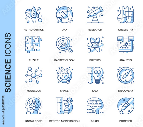 Thin Line Science Related Vector Icons Set for Website and Mobile Site and Apps. Outline icons design. Contains such Icons as DNA, Analysis, Genetic Modification and more. Linear Pictogram Pack.