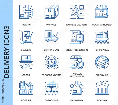 Thin Line Delivery Related Vector Icons Set for Website and Mobile Site and Apps. Outline icons design. Contains such Icons as Express Delivery, Tracking Number Search and more. Linear Pictogram Pack.