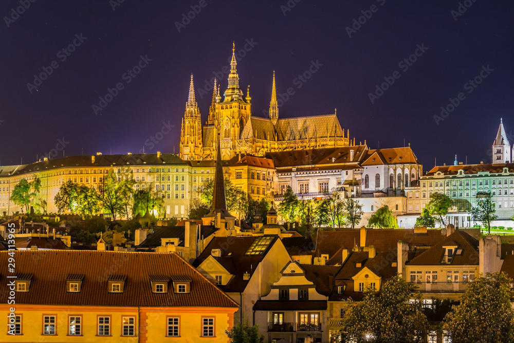 Night View of Prague castle, the largest coherent castle complex in the world,   on Vltava river in Prague, Czech.