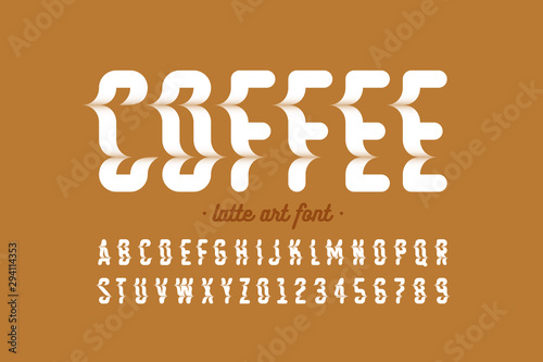 Latte art style font design, milk coffee foam art alphabet, letters and numbers