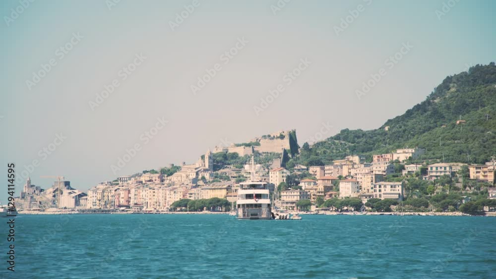 Yacht on the coast of Portovenere in sunny day. Panning Yacht on the coast of Portovenere in sunny day. Panning