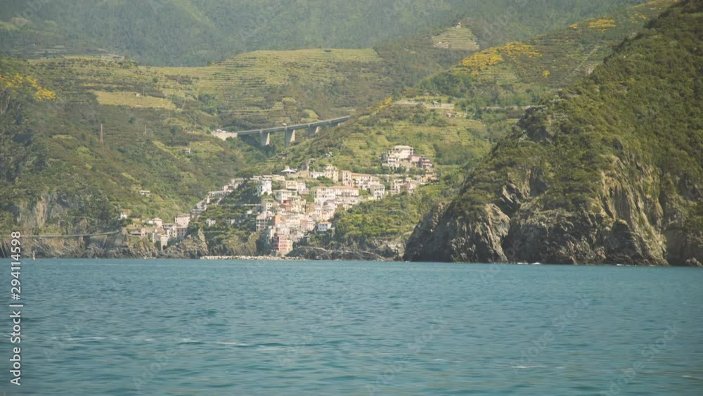 Beautiful landscape with Riomaggiore village in background. Panning Beautiful landscape with Riomaggiore village in background. Panning