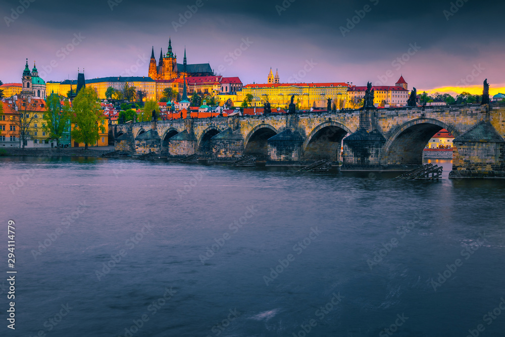 Spectacular medieval stone Charles bridge and castle Prague, Czech Republic