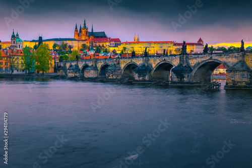 Spectacular medieval stone Charles bridge and castle Prague, Czech Republic