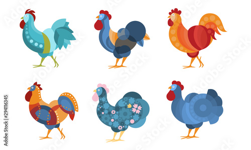 Set of roosters with creative pattern. Vector illustration.
