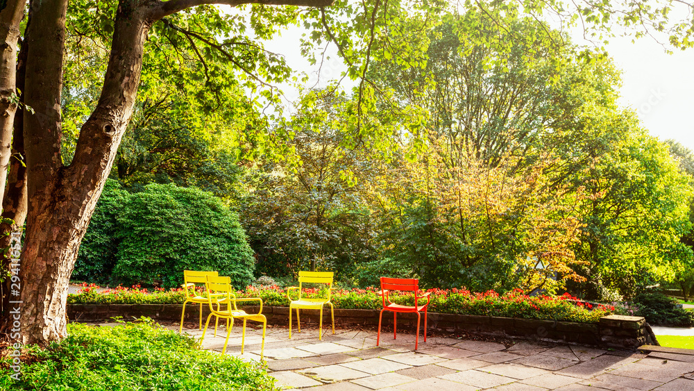 Colorful chairs in autumn park