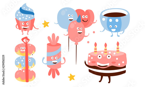 Set of pink and blue humanized attributes for a birthday. Vector illustration.