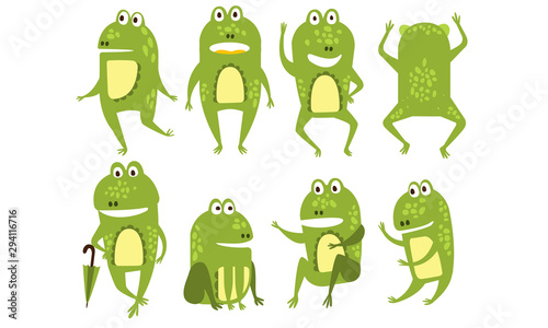 Set of green frogs in different poses and with various emotions. Funny humanized toads. Colorful flat vector icons