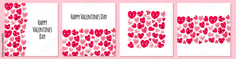 Naklejka premium Cute set of childish backgrounds with funny kawaii cartoon characters of hearts
