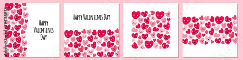 Cute set of childish backgrounds with funny kawaii cartoon characters of hearts