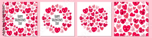 Cute set of childish backgrounds with funny kawaii cartoon characters of hearts