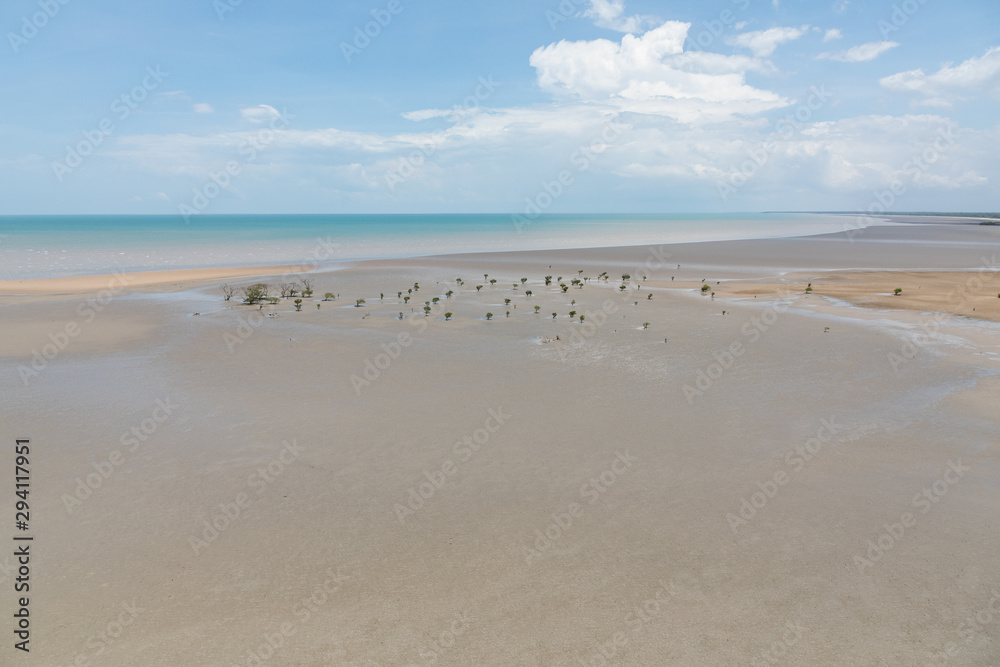 aerial view of the sea and mudflat coastline at low tide with mangroves aerial view of the sea and mudflat coastline at low tide with mangroves