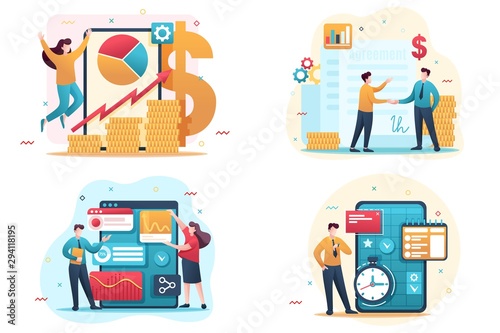 Set Flat 2D concepts Advanced data analysis, Business Planning, Investment Online, Financial Agreement. For Concept for web design