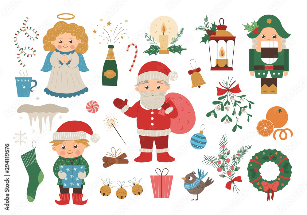 Vector set of Christmas elements with Santa Claus in red hat with sack, angel, nutcracker, elf isolated on white background. Cute funny flat style illustration for decorations or new year design.. Vector set of Christmas elements with Santa Claus in red hat with sack, angel, nutcracker, elf isolated on white background. Cute funny flat style illustration for decorations or new year design..