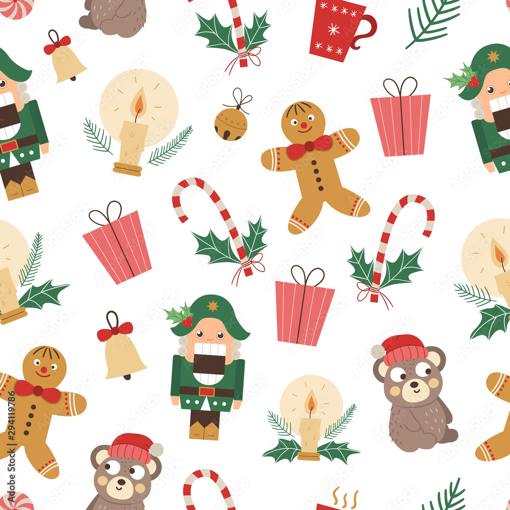 Naklejka premium Vector seamless pattern of Christmas elements with Nutcracker, Gingerbread man, funny bear in red hat. Cute funny repeat background of new year symbols. Christmas flat style picture