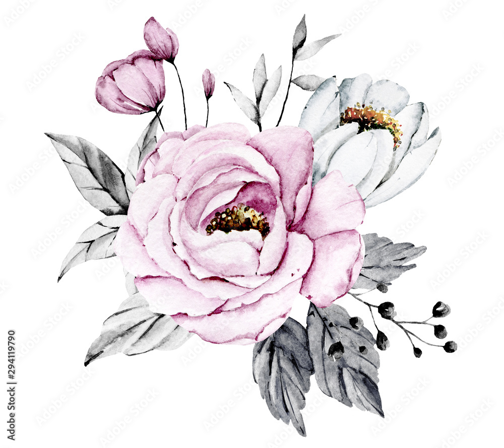 Pink and grey flowers, leaves watercolor floral clip art. Bouquet