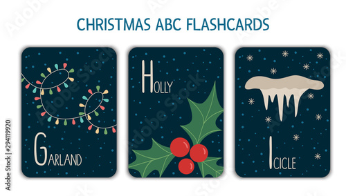 Colorful alphabet letters G, H, I. Phonics flashcard. Cute Christmas themed ABC cards for teaching reading with funny garland, holly, icicle. New Year festive activity..